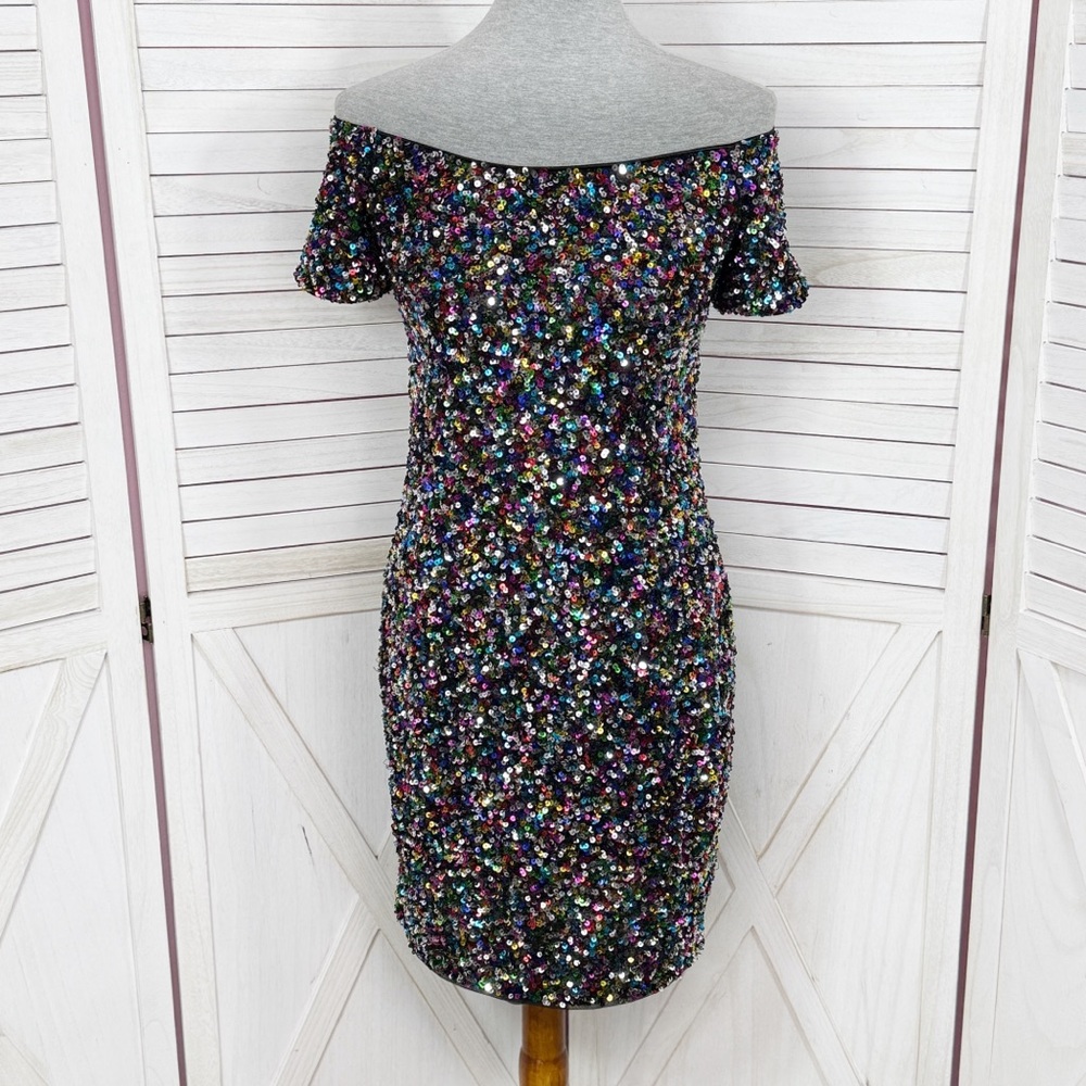 Gianni Bini Zoe Confetti Sequin Off The Shoulder Party Dress Black Multicolor 4